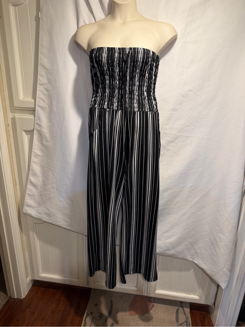 Ellie and Kate Strapless Smocked Wide-Leg Jumpsuit - Black & White Stripe